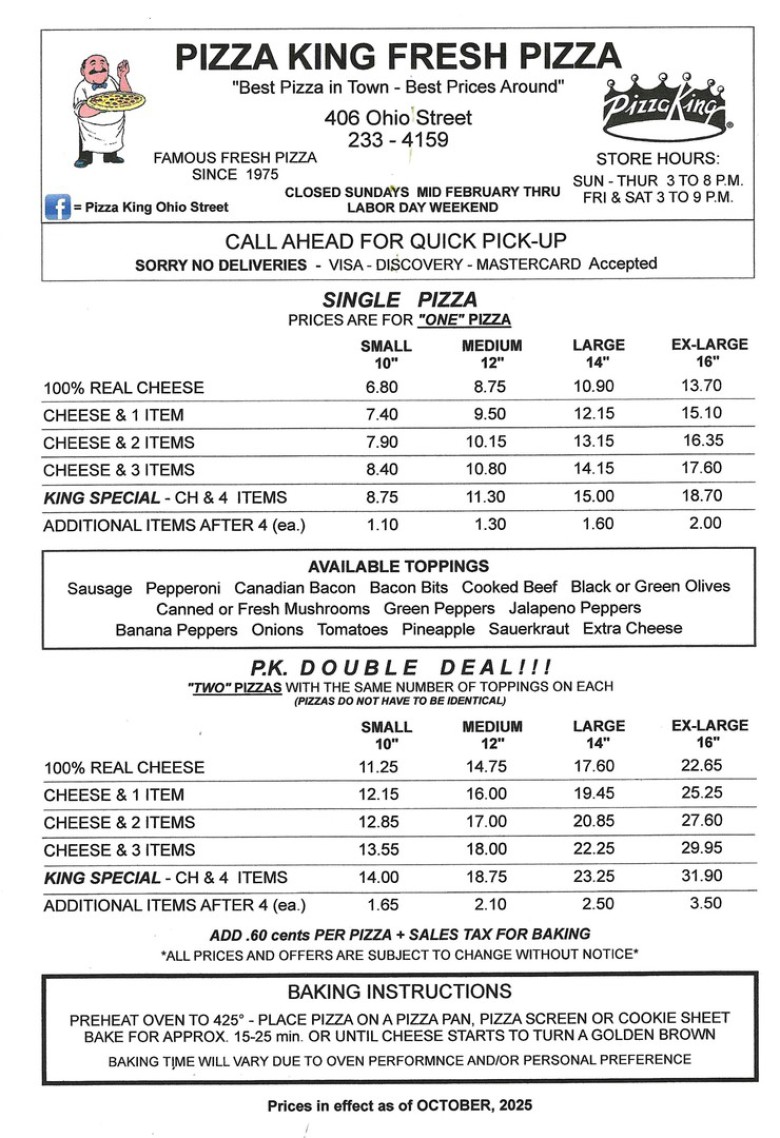 Pizza King on Ohio Street Fresh Take and Bake Pizza Menu